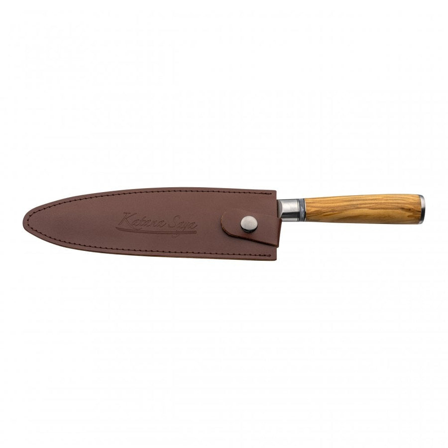 Katana Saya Olivewood Handle Bread Knife 20cm Damascus Blade with Leather Sheath