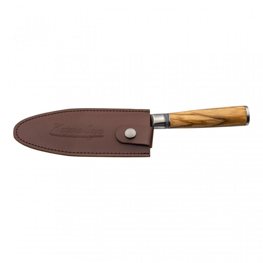 Katana Saya Olivewood Handle Cooks Knife 15cm Damascus Blade with Leather Sheath