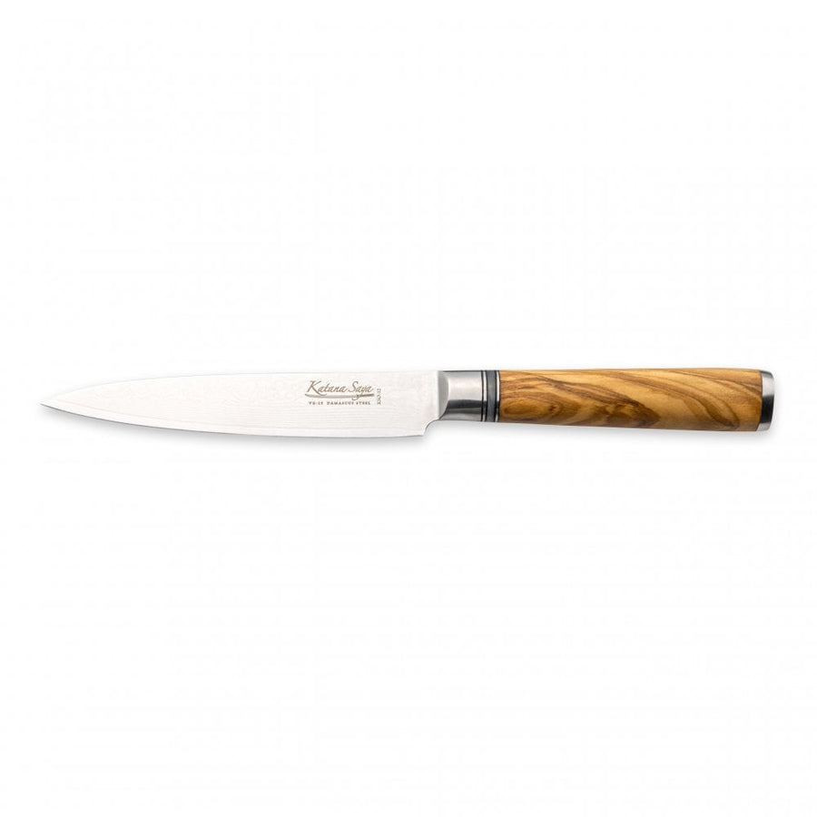 Katana Saya Olivewood Handle Utility Knife 12cm Damascus Blade with Leather Sheath