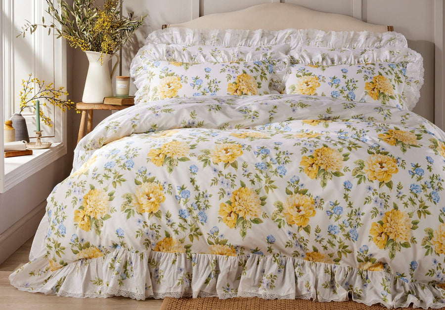 Vantona Edwina 100% Cotton Duvet Cover Set - Lemon - Millys Store