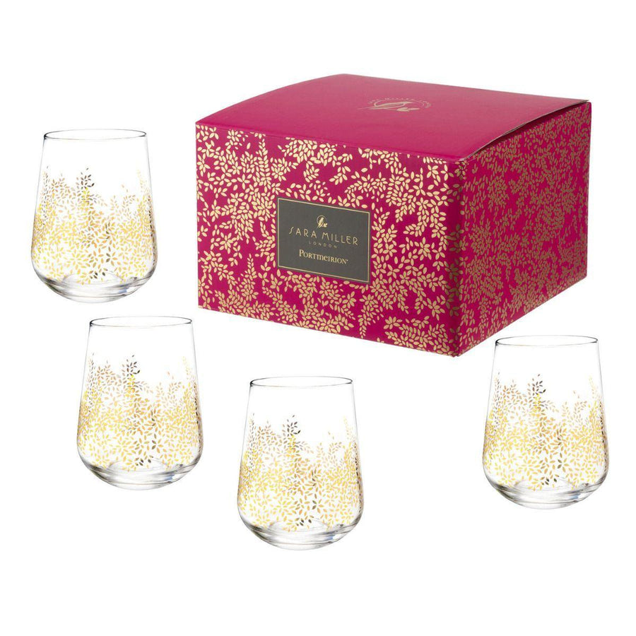 Sara Miller London Portmeirion Chelsea Gold Leaf Stemless Wine Glass Set of 4 - Millys Store
