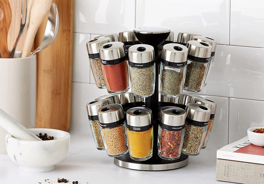 Cole & Mason Premium 16 Jar Filled Herb & Spice Carousel, Stainless Steel & Glass, 25.5cm - Millys Store